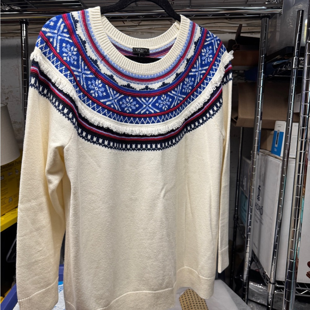 Talbots Cream and Blue Patterned Crew Neck Sweater